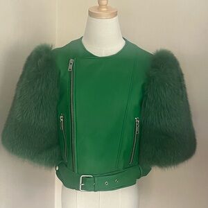 Women's Green genuine Fox Fur Sleeve Belted Jacket